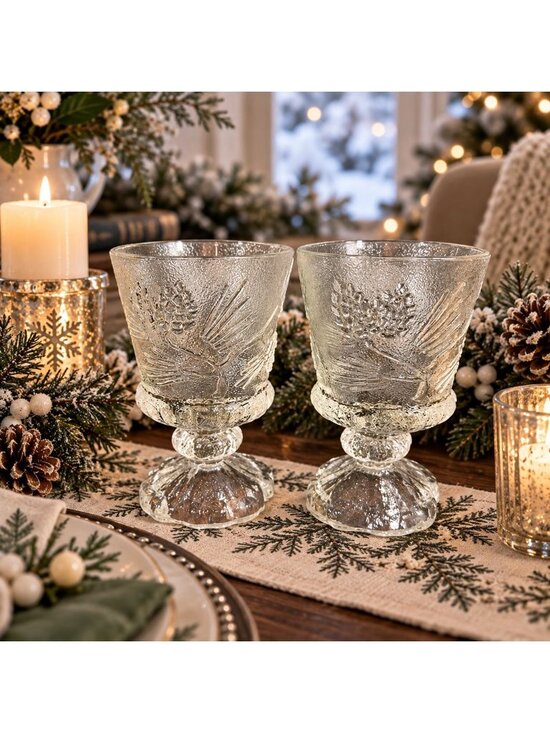 Tiara Indiana Glass Other - 2 Ponderosa Pine Glasses Goblets Footed Tumblers Elegant Rustic Tiara Indiana Gl